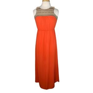 THML Orange Tan Black Embroidered Column Maxi Dress Size Small Sleeveless